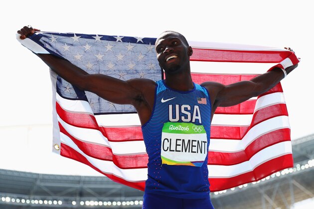RIO DE JANEIRO, BRAZIL - AUGUST 18: Kerron Clement of the United States reacts after placing first in the Men's 400m Hurdles Final on Day 13 of the Rio 2016 Olympic Games at the Olympic Stadium on August 18, 2016 in Rio de Janeiro, Brazil. (Photo by Paul Gilham/Getty Images) RIO DE JANEIRO, BRAZIL - AUGUST 18: Kerron Clement of the United States reacts after placing first in the Men's 400m Hurdles Final on Day 13 of the Rio 2016 Olympic Games at the Olympic Stadium on August 18, 2016 in Rio de Janeiro, Brazil. (Photo by Paul Gilham/Getty Images)