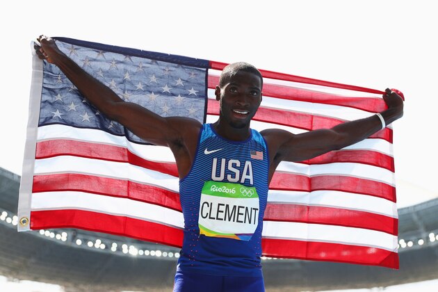 RIO DE JANEIRO, BRAZIL - AUGUST 18:  Kerron Clement of the United States reacts after placing first in the Men's 400m Hurdles Final on Day 13 of the Rio 2016 Olympic Games at the Olympic Stadium on August 18, 2016 in Rio de Janeiro, Brazil.  (Photo by Paul Gilham/Getty Images)