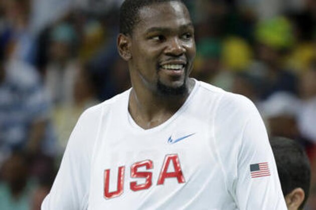 United States' Kevin Durant reacts on the bench during a quarterfinal round basketball game against Argentina at the 2016 Summer Olympics in Rio de Janeiro, Brazil, Wednesday, Aug. 17, 2016. (AP Photo/Charlie Neibergall)