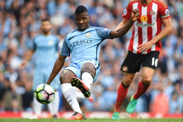 Manchester City's Nigerian striker Kelechi Iheanacho (L) takes a shot that goes over the bar during the English Premier League football match between Manchester City and Sunderland at the Etihad Stadium in Manchester, north west England, on August 13, 2016. / AFP / PAUL ELLIS / RESTRICTED TO EDITORIAL USE. No use with unauthorized audio, video, data, fixture lists, club/league logos or 'live' services. Online in-match use limited to 75 images, no video emulation. No use in betting, games or single club/league/player publications.  /         (Photo credit should read PAUL ELLIS/AFP/Getty Images)