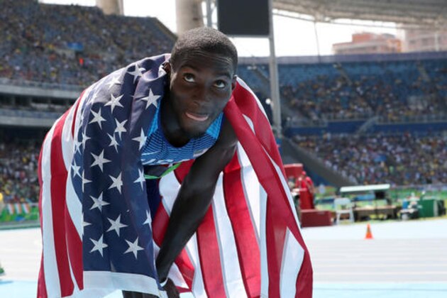 United States' Kerron Clement celebrates winning the men's 400-meter hurdles final during the athletics competitions of the 2016 Summer Olympics at the Olympic stadium in Rio de Janeiro, Brazil, Thursday, Aug. 18, 2016. (AP Photo/Lee Jin-man)