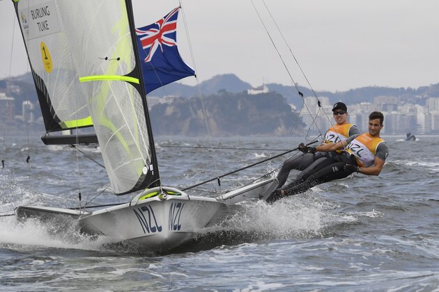 New Zealand's Peter Burling and Blair Tuke compete in the 49er men opening series during the Rio 2016 Olympic Games in Rio de Janeiro on August 16, 2016  / AFP / Damien MEYER        (Photo credit should read DAMIEN MEYER/AFP/Getty Images)