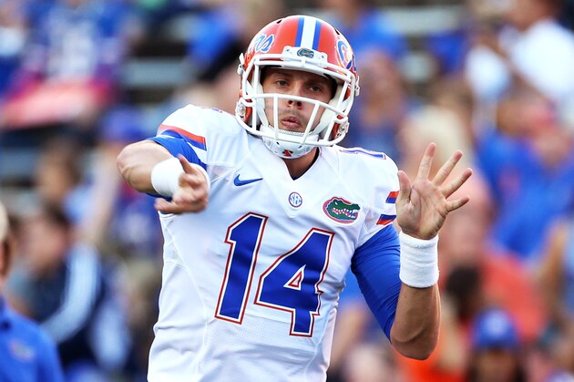 Apr 8, 2016; Gainesville, FL, USA; Florida Gators quarterback Luke Del Rio (14) warmups prior to the Orange and Blue game at Ben Hill Griffin Stadium. Mandatory Credit: Logan Bowles-USA TODAY Sports