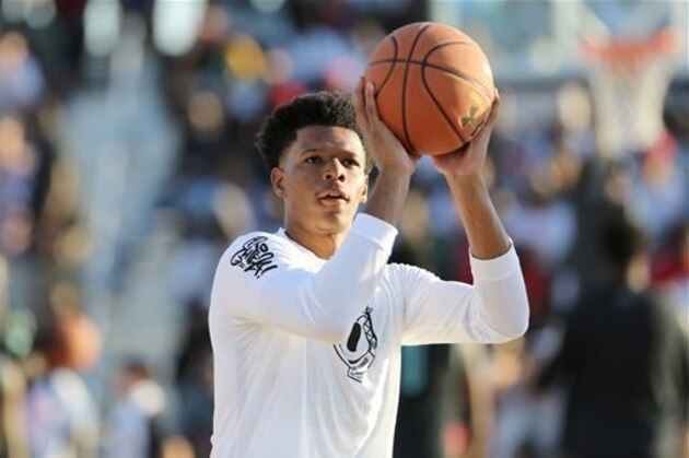 Team EZ Pass' Trevon Duval #10 warms up against Team Doo Be Doo in the Under Armour Elite 24 game on Saturday, August 22, 2015 in Brooklyn, NY.  (AP Photo/Gregory Payan)
