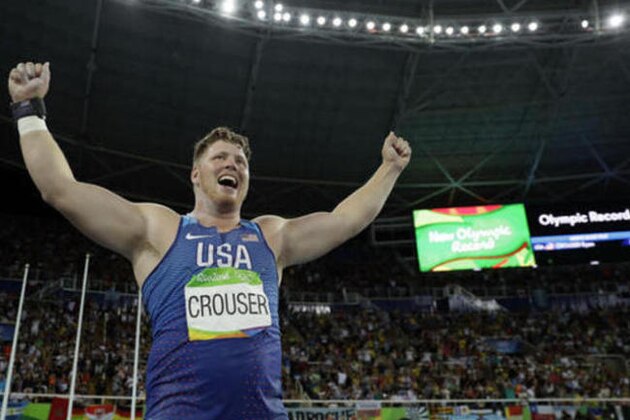 United States' Ryan Crouser celebrates after setting a new Olympic record in the men's shot put final during the athletics competitions of the 2016 Summer Olympics at the Olympic stadium in Rio de Janeiro, Brazil, Thursday, Aug. 18, 2016. (AP Photo/Matt Slocum)