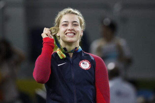 United States' Helen Louise Maroulis reacts during the winners ceremony for the women's 53-kg freestyle wrestling competition at the 2016 Summer Olympics in Rio de Janeiro, Brazil, Thursday, Aug. 18, 2016. (AP Photo/Markus Schreiber)