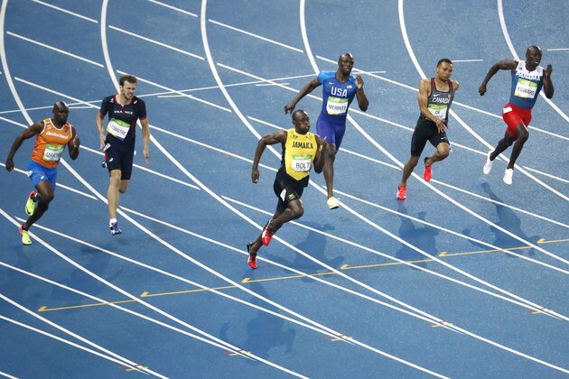 (From L) the Netherlands' Churandy Martina, France's Christophe Lemaitre, Jamaica's Usain Bolt, USA's Lashawn Merritt, Canada's Andre De Grasse and Panama's Alonso Edward compete in the Men's 200m Final during the athletics event at the Rio 2016 Olympic Games at the Olympic Stadium in Rio de Janeiro on August 18, 2016. / AFP / Odd ANDERSEN (Photo credit should read ODD ANDERSEN/AFP/Getty Images) (From L) the Netherlands' Churandy Martina, France's Christophe Lemaitre, Jamaica's Usain Bolt, USA's Lashawn Merritt, Canada's Andre De Grasse and Panama's Alonso Edward compete in the Men's 200m Final during the athletics event at the Rio 2016 Olympic Games at the Olympic Stadium in Rio de Janeiro on August 18, 2016. / AFP / Odd ANDERSEN (Photo credit should read ODD ANDERSEN/AFP/Getty Images)
