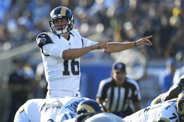 Los Angeles Rams quarterback Jared Goff calls to his teammates on the line of scrimmage during the first half of a preseason NFL football game against the Dallas Cowboys, Saturday, Aug. 13, 2016, in Los Angeles. (AP Photo/Mark J. Terrill)
