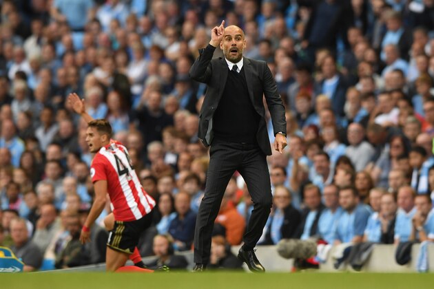 MANCHESTER, ENGLAND - AUGUST 13:  Manchester City manager Pep Guardiola during the Premier League match between Manchester City and Sunderland at Etihad Stadium on August 13, 2016 in Manchester, England.  (Photo by Stu Forster/Getty Images)