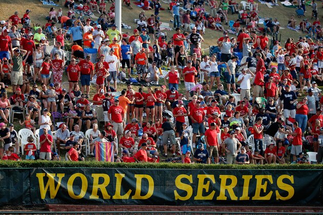 SOUTH WILLAMSPORT, PA - AUGUST 30: Fans cheer during the fifth inning of the Mid-Atlantic team from Red Land Little League of Lewisberry, Pennsylvania and team Japan game during the Little League World Series Championship game at Lamade Stadium on August 30, 2015 in South Willamsport, Pennsylvania.  (Photo by Rob Carr/Getty Images)