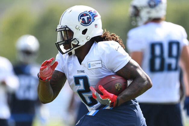 Jul 30, 2016; Nashville, TN, USA; Tennessee Titans running back Derrick Henry (2) runs the ball during training camp at Saint Thomas Sports Park. Mandatory Credit: Christopher Hanewinckel-USA TODAY Sports