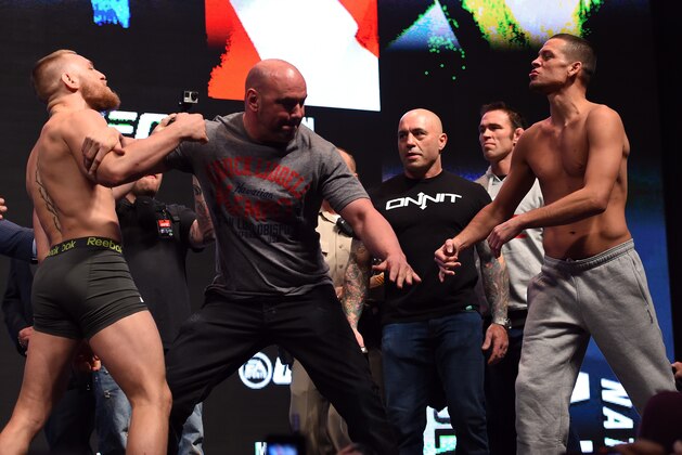 LAS VEGAS, NV - MARCH 04:  (L-R) Opponents Conor McGregor of Ireland and Nate Diaz face off during the UFC 196 Weigh-in at the MGM Grand Garden Arena on March 4, 2016 in Las Vegas, Nevada. (Photo by Josh Hedges/Zuffa LLC/Zuffa LLC via Getty Images)