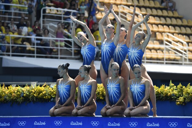 Team Russia, competes in the Teams Free Routine final during the synchronised swimming event at the Maria Lenk Aquatics at the Rio 2016 Olympic Games in Rio de Janeiro on August 19, 2016.  / AFP / CHRISTOPHE SIMON        (Photo credit should read CHRISTOPHE SIMON/AFP/Getty Images)