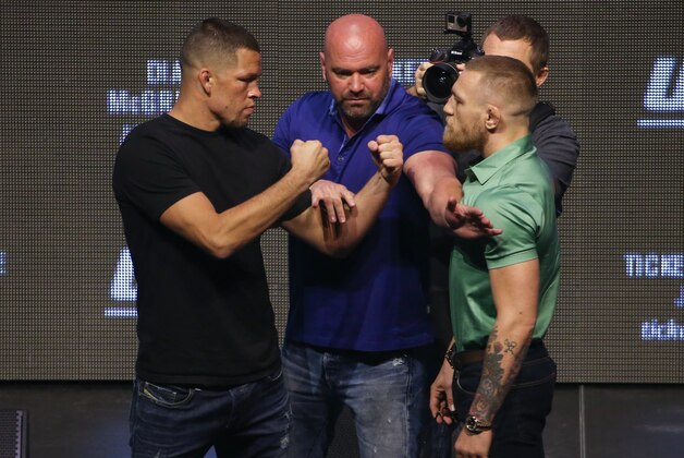 LAS VEGAS, NV - JULY 07: (L to R) Nate Diaz and Conor McGregor face off at the UFC 202 press conference at the T-Mobile Arena on July 7, 2016 in Las Vegas, Nevada. (Photo by Ed Mulholland/Zuffa LLC/Zuffa LLC via Getty Images)