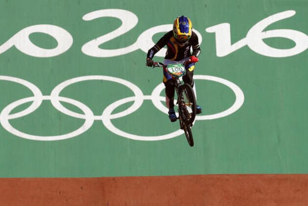 Mariana Pajon of Colombia competes in the women's seeding run at the Olympic BMX Center during the 2016 Summer Olympics in Rio de Janeiro, Brazil, Wednesday, Aug. 17, 2016. (AP Photo/Patrick Semansky)