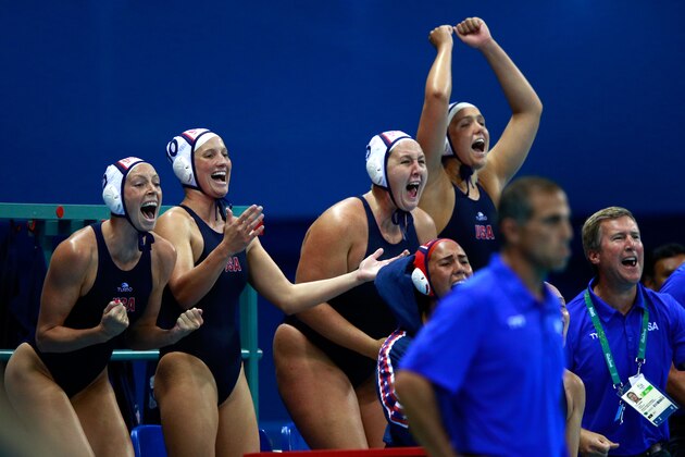 RIO DE JANEIRO, BRAZIL - AUGUST 19:  The United States bench cheer in the Women's Water Polo Gold Medal Classification match between the United States and Italy on Day 14 of the Rio 2016 Olympic Games at the Olympic Aquatics Stadium on August 19, 2016 in Rio de Janeiro, Brazil.  (Photo by Adam Pretty/Getty Images)