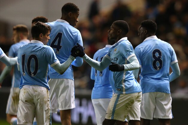 MANCHESTER, ENGLAND - MARCH 18:  Isaac Buckley-Ricketts of Manchester City celebrates with Brahim Diaz after scoring their second goal during the FA Youth Cup Semi Final, First Leg match between Manchester City and Arsenal at the City Football Academy on March 18, 2016 in Manchester, England.  (Photo by Alex Livesey/Getty Images)