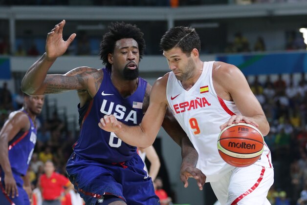 Aug 19, 2016; Rio de Janeiro, Brazil; Spain center Felipe Reyes (9) drives to the basket against USA center DeAndre Jordan (6) during the men's basketball semifinal match in the Rio 2016 Summer Olympic Games at Carioca Arena 1. Mandatory Credit: Dan Powers-USA TODAY Sports