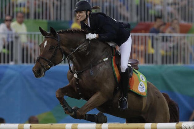 Oktawia Nowacka of Poland competes in the equestrian portion of the women's modern pentathlon at the Summer Olympics in Rio de Janeiro, Brazil, Friday, Aug. 19, 2016. (AP Photo/Kirsty Wigglesworth)