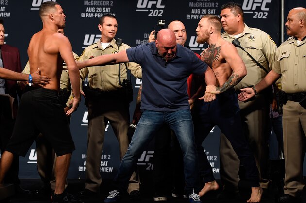 LAS VEGAS, NV - AUGUST 19:   (L-R) Opponents Nate Diaz and Conor McGregor of Ireland face off during the UFC 202 weigh-in at the MGM Grand Hotel & Casino on August 19, 2016 in Las Vegas, Nevada. (Photo by Josh Hedges/Zuffa LLC/Zuffa LLC via Getty Images)