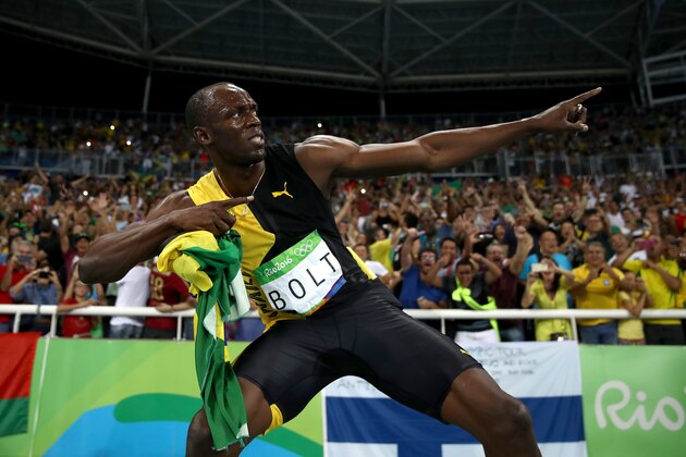 RIO DE JANEIRO, BRAZIL - AUGUST 19:  Usain Bolt of Jamaica celebrates after winning the Men's 4 x 100m Relay Final on Day 14 of the Rio 2016 Olympic Games at the Olympic Stadium on August 19, 2016 in Rio de Janeiro, Brazil.  (Photo by Cameron Spencer/Getty Images)