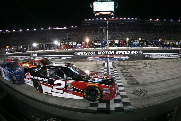 BRISTOL, TN - AUGUST 19: Austin Dillon, driver of the #2 Rheem Chevrolet, leads a pack of cars during the NASCAR XFINITY Series Food City 300 at Bristol Motor Speedway on August 19, 2016 in Bristol, Tennessee.  (Photo by Rey Del Rio/Getty Images)