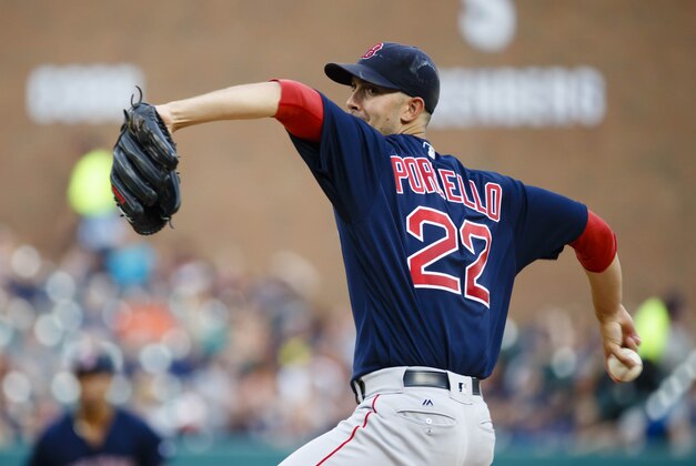 Aug 19, 2016; Detroit, MI, USA; Boston Red Sox starting pitcher Rick Porcello (22) pitches in the first inning against the Detroit Tigers at Comerica Park. Mandatory Credit: Rick Osentoski-USA TODAY Sports