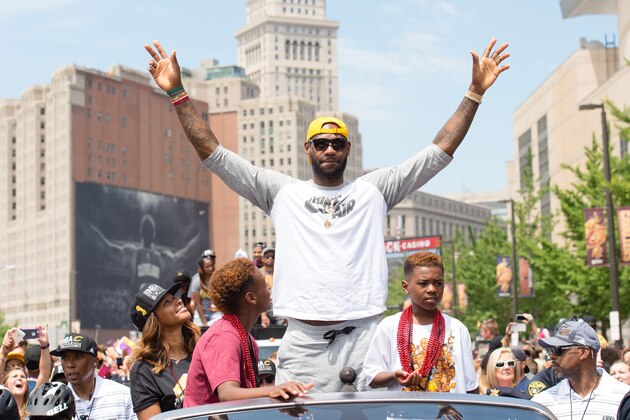 CLEVELAND, OH -  JUNE 22: LeBron James #23 of the Cleveland Cavaliers celebrates during the Cleveland Cavaliers 2016 championship victory parade and rally on June 22, 2016 in Cleveland, Ohio. (Photo by Jason Miller/Getty Images)