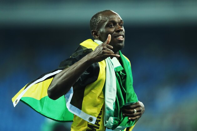 RIO DE JANEIRO, BRAZIL - AUGUST 19:   Usain Bolt of Jamaica celebrates  after winning the Men's 4 x 100m Relay Final on Day 14 of the Rio 2016 Olympic Games at the Olympic Stadium on August 19, 2016 in Rio de Janeiro, Brazil. (Photo by Ian MacNicol/Getty Images)