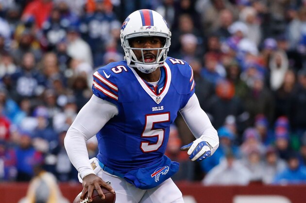 Dec 27, 2015; Orchard Park, NY, USA; Buffalo Bills quarterback Tyrod Taylor (5) during the game against the Dallas Cowboys at Ralph Wilson Stadium. Bills beat the Cowboys 16-6. Mandatory Credit: Kevin Hoffman-USA TODAY Sports