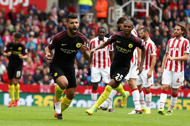 STOKE ON TRENT, ENGLAND - AUGUST 20:  Sergio Aguero of Manchester City celebrates scoring his sides first goal during the Premier League match between Stoke City and Manchester City at Bet365 Stadium on August 20, 2016 in Stoke on Trent, England.  (Photo by Chris Brunskill/Getty Images)