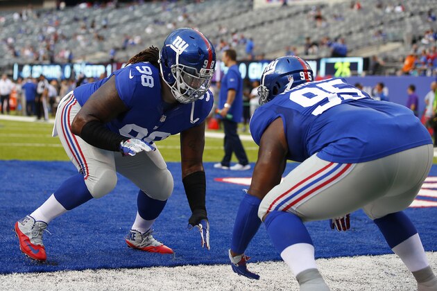 EAST RUTHERFORD, NJ - AUGUST 12: Damon Harrison #98 of the New York Giants lines up against teammate Johnathan Hankins #95 during warm ups before an NFL preseason game against the Miami Dolphins at MetLife Stadium on August 12, 2016 in East Rutherford, New Jersey. (Photo by Rich Schultz/Getty Images)
