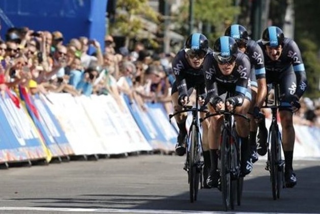 Members of the Sky cycling team cross the finish line during the Men's Team Time Trials for the UCI Road World Championships in Richmond, Va., Sunday, Sept. 20, 2015.   (AP Photo/Steve Helber)