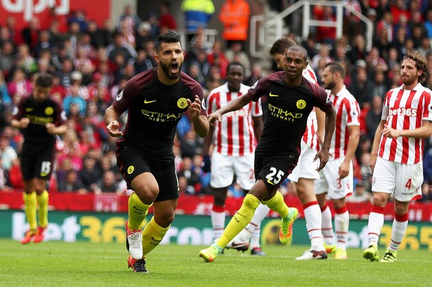 STOKE ON TRENT, ENGLAND - AUGUST 20:  Sergio Aguero of Manchester City celebrates scoring his sides first goal during the Premier League match between Stoke City and Manchester City at Bet365 Stadium on August 20, 2016 in Stoke on Trent, England.  (Photo by Chris Brunskill/Getty Images)