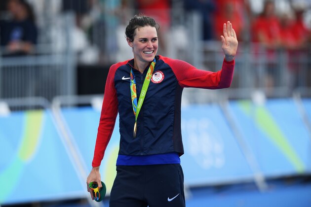 RIO DE JANEIRO, BRAZIL - AUGUST 20:  Gold medalist Gwen Jorgensen of the United States celebrates after the Women's Triathlon on Day 15 of the Rio 2016 Olympic Games at Fort Copacabana on August 20, 2016 in Rio de Janeiro, Brazil.  (Photo by Matthias Hangst/Getty Images)