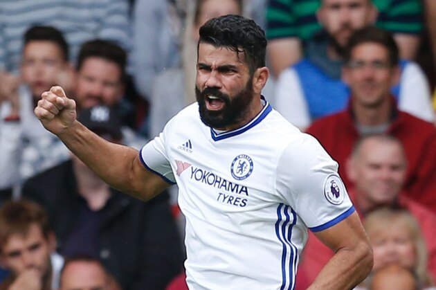 Chelsea's Brazilian-born Spanish striker Diego Costa celebrates scoring their second goal during the English Premier League football match between Watford and Chelsea at Vicarage Road Stadium in Watford, north of London on August 20, 2016. / AFP / Ian Kington / RESTRICTED TO EDITORIAL USE. No use with unauthorized audio, video, data, fixture lists, club/league logos or 'live' services. Online in-match use limited to 75 images, no video emulation. No use in betting, games or single club/league/player publications.  /         (Photo credit should read IAN KINGTON/AFP/Getty Images)