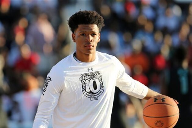 Team EZ Pass' Trevon Duval #10 warms up against Team Doo Be Doo in the Under Armour Elite 24 game on Saturday, August 22, 2015 in Brooklyn, NY.  (AP Photo/Gregory Payan)