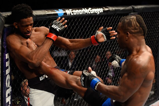 LAS VEGAS, NV - AUGUST 20:  Lorenz Larkin fights Neil Magny in their welterweight bout during the UFC 202 event at T-Mobile Arena on August 20, 2016 in Las Vegas, Nevada.  (Photo by Josh Hedges/Zuffa LLC/Zuffa LLC via Getty Images)