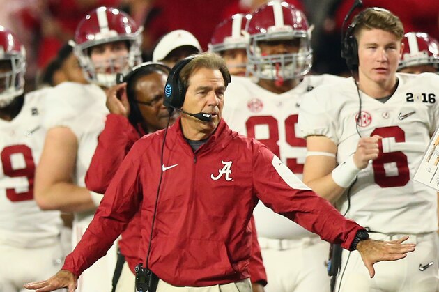 GLENDALE, AZ - JANUARY 11:  Head coach Nick Saban of the Alabama Crimson Tide reacts against the Clemson Tigers during the 2016 College Football Playoff National Championship Game at University of Phoenix Stadium on January 11, 2016 in Glendale, Arizona.  (Photo by Ronald Martinez/Getty Images)