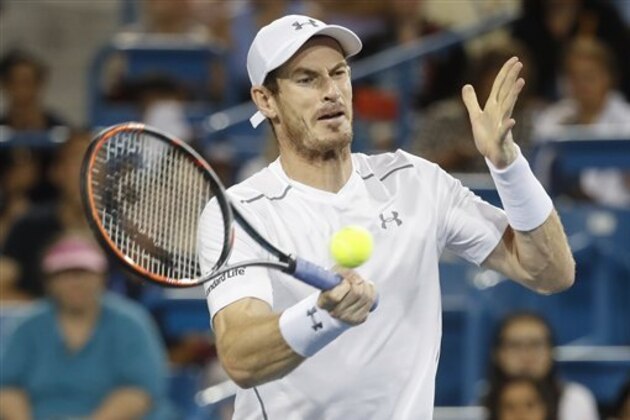 Andy Murray, of Britain, returns to Milos Raonic, of Canada, in the semifinals of the Western & Southern Open tennis tournament, Saturday, Aug. 20, 2016, in Mason, Ohio. (AP Photo/John Minchillo)
