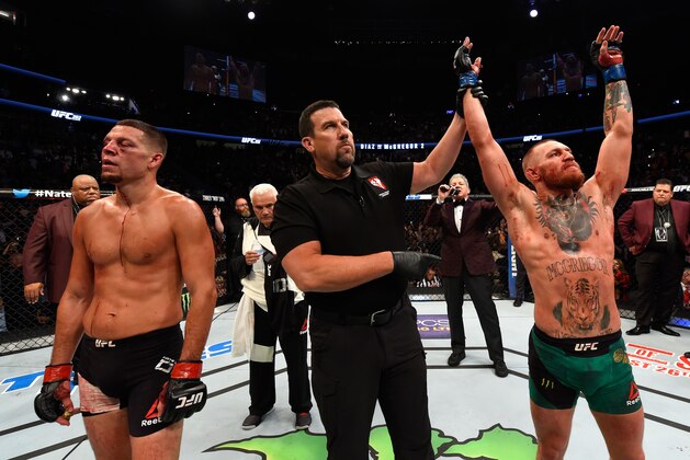 LAS VEGAS, NV - AUGUST 20:  Conor McGregor of Ireland celebrates his win over Nate Diaz in their welterweight bout during the UFC 202 event at T-Mobile Arena on August 20, 2016 in Las Vegas, Nevada.  (Photo by Josh Hedges/Zuffa LLC/Zuffa LLC via Getty Images)
