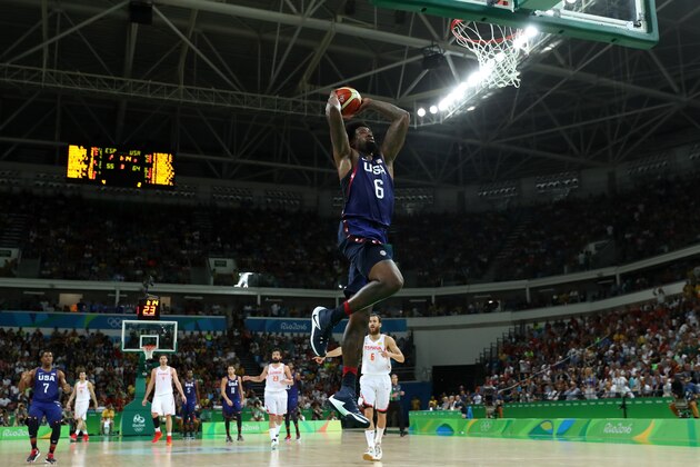 RIO DE JANEIRO, BRAZIL - AUGUST 19:  DeAndre Jordan #6 of United States dunks against Spain during the Men's Semifinal match on Day 14 of the Rio 2016 Olympic Games at Carioca Arena 1 on August 19, 2016 in Rio de Janeiro, Brazil.  (Photo by Christian Petersen/Getty Images)