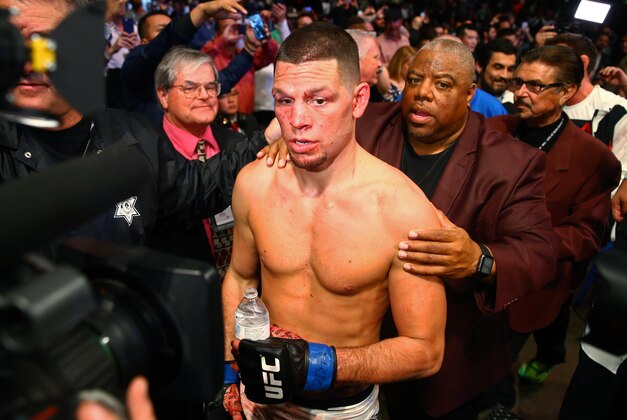 March 5, 2016; Las Vegas, NV, USA; Nate Diaz after his victory during UFC 196 at MGM Grand Garden Arena. Mandatory Credit: Mark J. Rebilas-USA TODAY Sports
