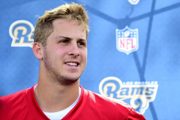 OXNARD, CA - MAY 06:  Jared Goff #16 of the Los Angeles Rams speaks to the media after a Los Angeles Rams rookie camp on May 06, 2016 in Oxnard, California.  (Photo by Harry How/Getty Images)