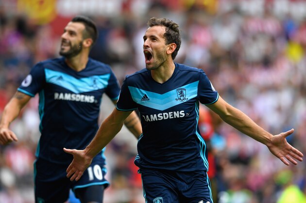 SUNDERLAND, ENGLAND - AUGUST 21:  Middlesbrough player Christian Stuani celebrates after scoring the opening goal during the Premier League match between Sunderland and Middlesbrough at Stadium of Light on August 21, 2016 in Sunderland, England.  (Photo by Stu Forster/Getty Images )