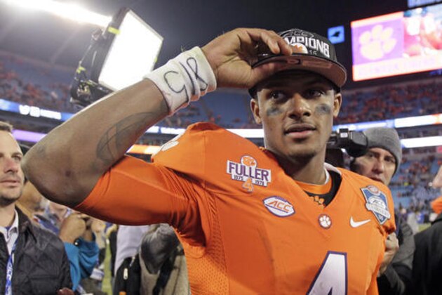 FILE - In this Dec. 6, 2015, file photo, Clemson quarterback Deshaun Watson celebrates after Clemson defeated North Carolina 45-37 in the Atlantic Coast Conference championship NCAA college football game in Charlotte, N.C. Watson and the Tigers are the preseason favorites to win the ACC. (AP Photo/Gerry Broome, File)