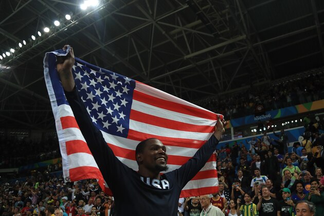 RIO DE JANEIRO, BRAZIL - AUGUST 21:  Kevin Durant #5 of United States celebrates after defeating Serbia during the Men's Gold medal game on Day 16 of the Rio 2016 Olympic Games at Carioca Arena 1 on August 21, 2016 in Rio de Janeiro, Brazil.  (Photo by Mike Ehrmann/Getty Images)