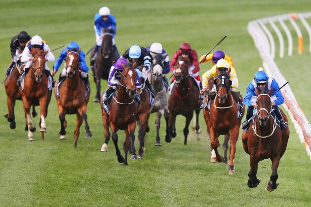 MELBOURNE, AUSTRALIA - OCTOBER 24:  Hugh Bowman (R) riding Winx wins race 9 ahead Michael Walker (yellow cap) on Criterion and Ryan Moore (purple cap) riding Highland Reel in race 9 The William Hill Cox plate during Cox Plate Day at Moonee Valley Racecourse on October 24, 2015 in Melbourne, Australia.  (Photo by Michael Dodge/Getty Images)