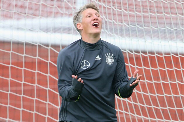 EVIAN-LES-BAINS, FRANCE - JUNE 14:  Bastian Schweinsteiger of Germany reacts as he plays the goal keeper ans safe the ball during a Germany training session at Ermitage Evian on June 14, 2016 in Evian-les-Bains, France.  (Photo by Alexander Hassenstein/Getty Images)