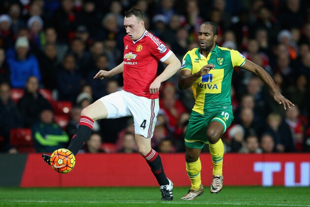 MANCHESTER, ENGLAND - DECEMBER 19: Phil Jones of Manchester United and Cameron Jerome of Norwich City compete for the ball during the Barclays Premier League match between Manchester United and Norwich City at Old Trafford on December 19, 2015 in Manchester, England.  (Photo by Alex Livesey/Getty Images)